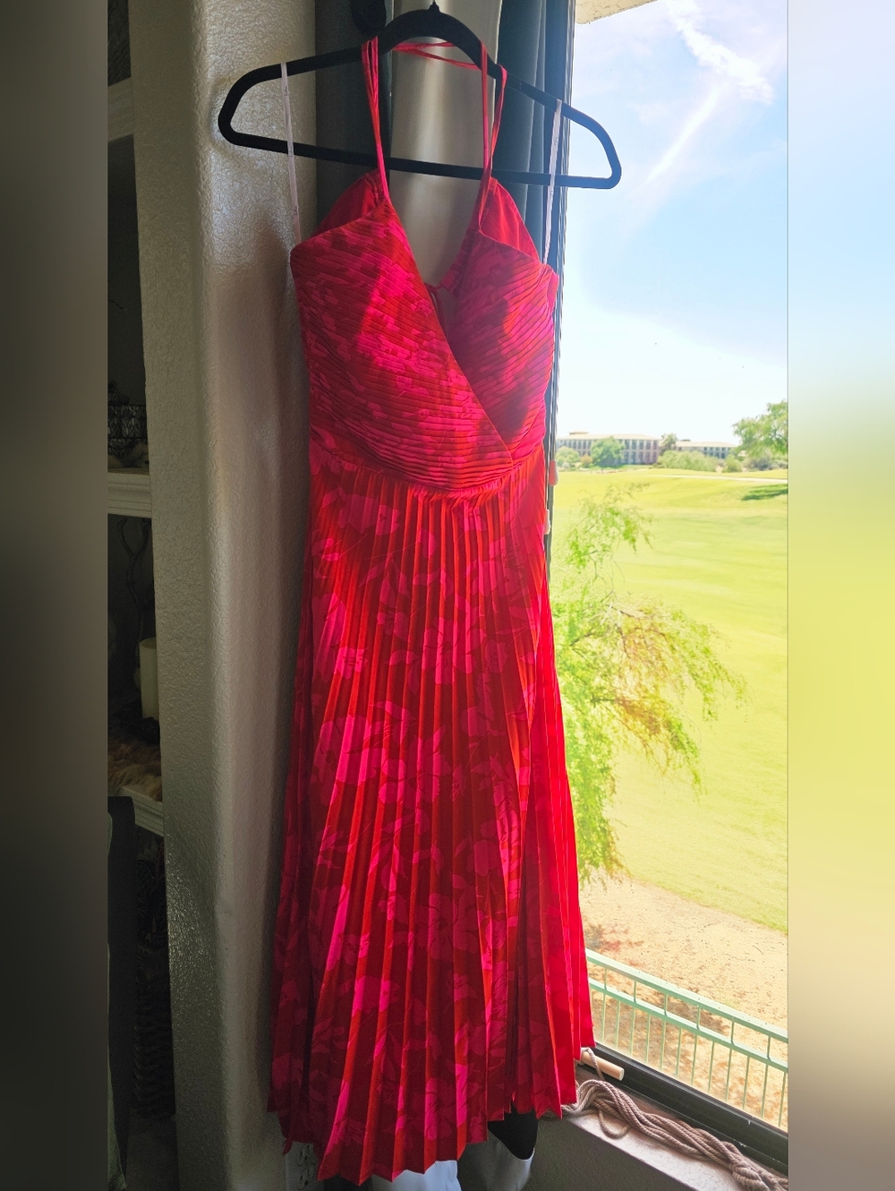 Lulu's Vibrant Lace Zip Red & Pink Floral Pleated Midi Dress Medium - Picture 3 of 8